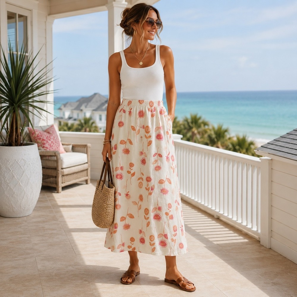 Hot Cotton Marc Ware Linen Maxi Skirt L Floral Lagenlook USA Cottagecore Y2k 90s